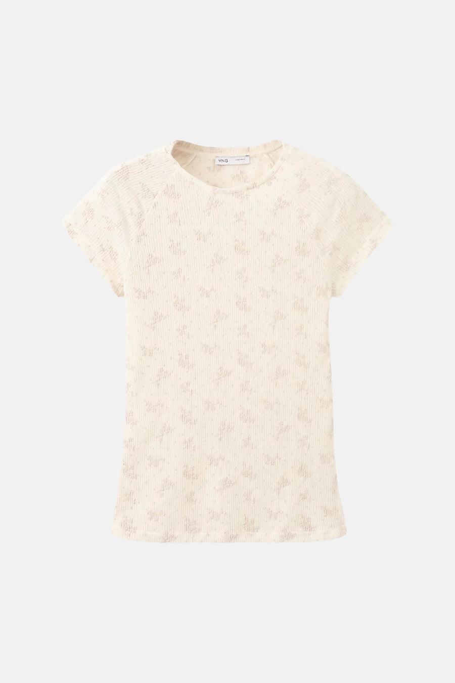 Beige korte mouwen t-shirt van MANGO met fijne bloemenprint en ribstructuur, front view