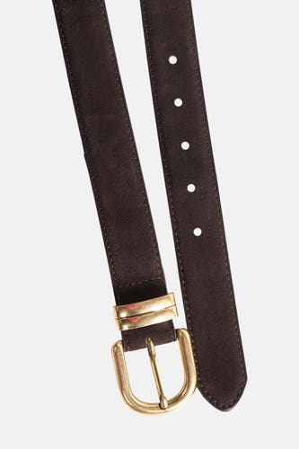 Bruine riem van MANGO met gouden gesp en decoratieve stiksels.