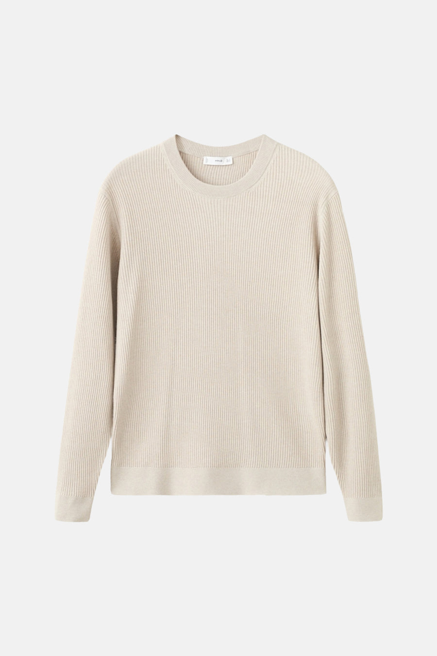 Pull beige à col rond de MANGO, avec une texture côtelée et des manches longues.