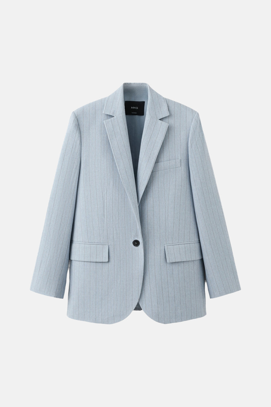 Blazer bleue à rayures de MANGO, avec manches longues et fermeture à boutons noire.