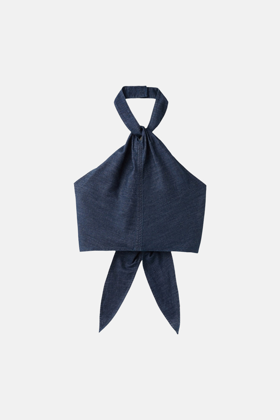 Haut en jean bleu marine de MANGO avec col licou, détail de boutons et nœud en bas.