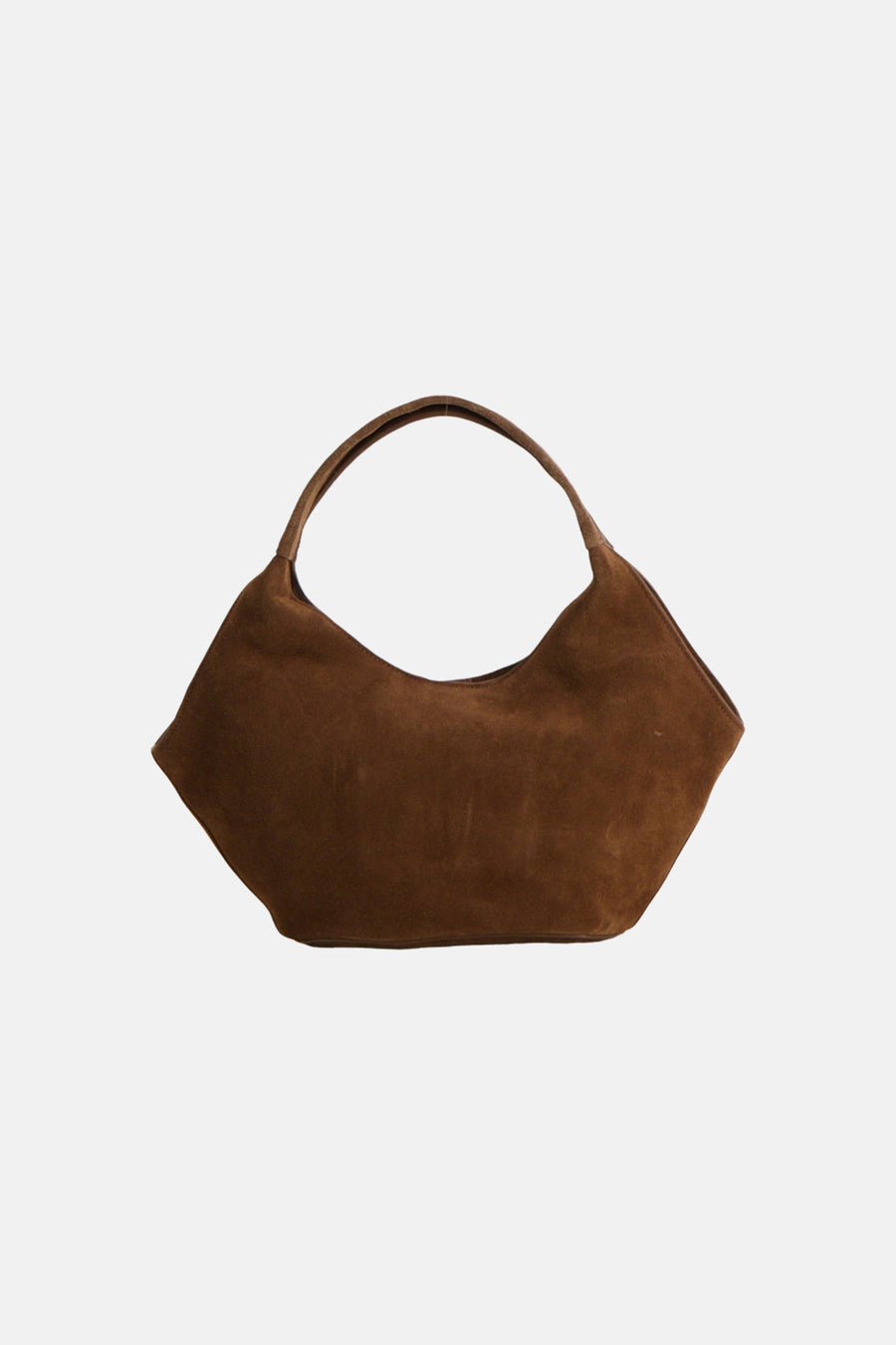 Sac à main en daim marron de MANGO avec une forme souple et spacieuse et une seule bandoulière.