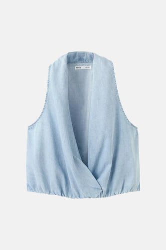 Lichtblauwe denim blouse zonder mouwen van MANGO, met wrapdetail en gerimpelde zoom, front view