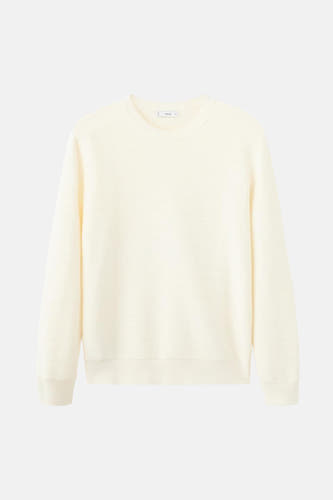 Sweat-shirt écru de MANGO avec col rond, des fines rayures horizontales et des manches longues.