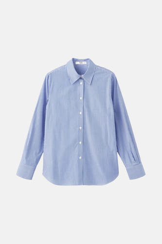 Chemise bleue rayée à manches longues de MANGO, avec col classique et fermeture à boutons.