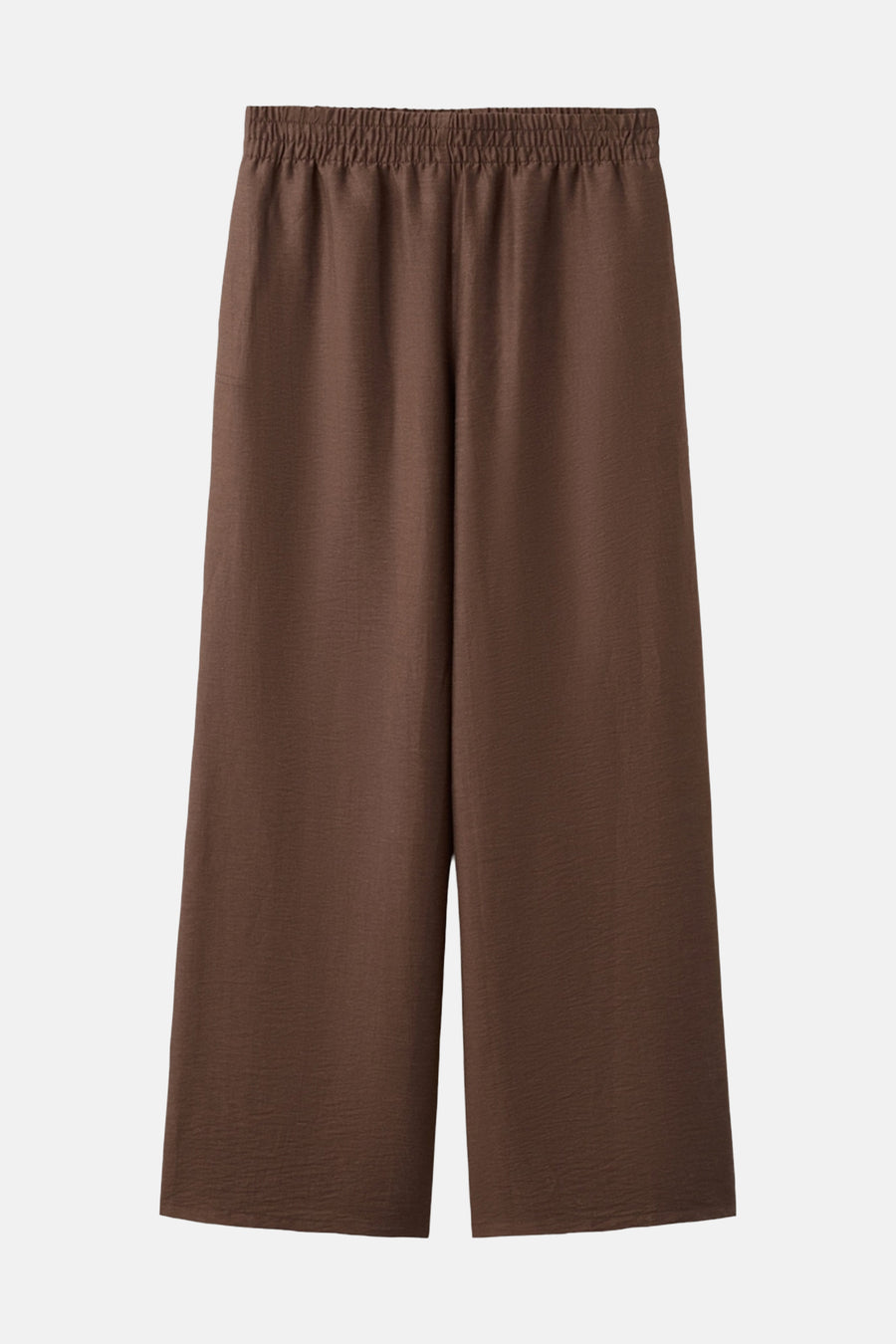 Pantalon marron de MANGO avec une taille élastique plissée et une couture verticale.
