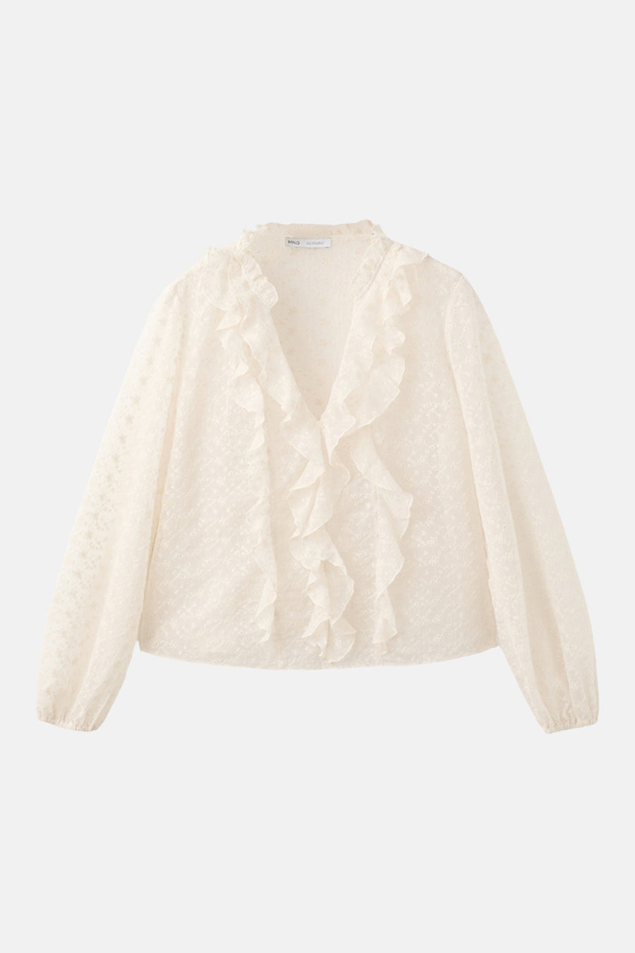 Blouse écru à manches longues de MANGO, avec volants au col en V et motif subtilement tissé.