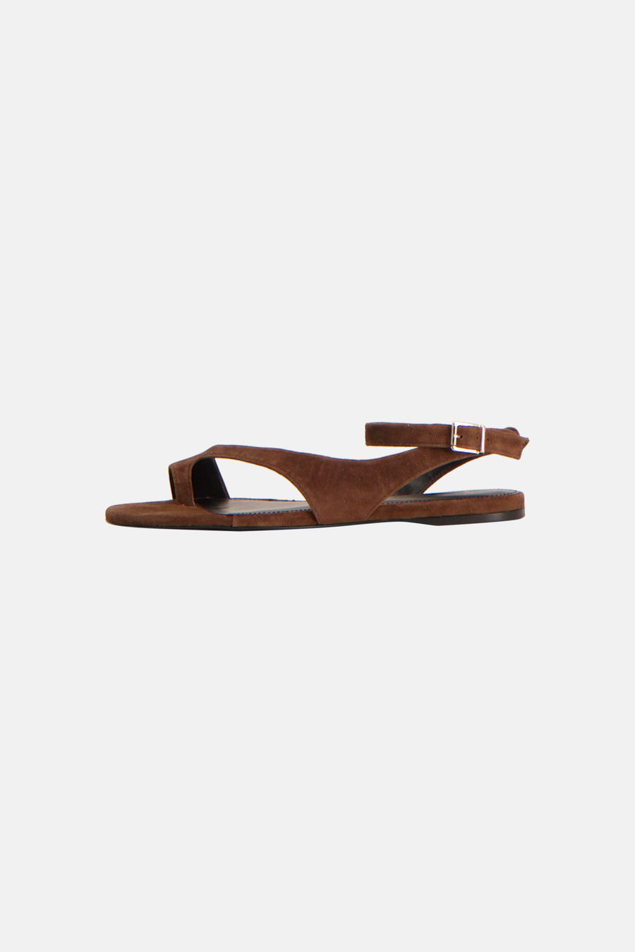 Sandales marron MANGO à texture suédée, bride d'orteil et bride à la cheville avec boucle argentée, en vue latérale.