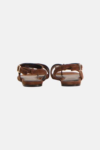 Bruine suède sandalen van MANGO met enkelbandjes en gespen, achterzijde.
