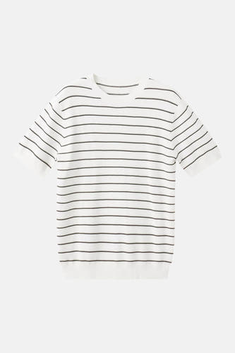 T-shirt en maille blanc à manches courtes avec rayures noires et marron de MANGO, à col rond et bords côtelés.