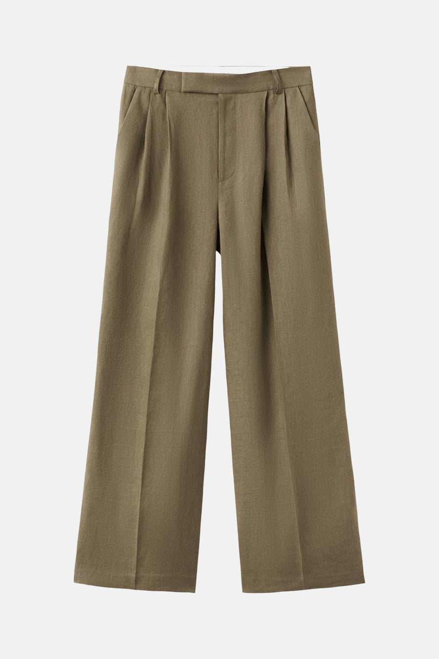 Pantalon kaki de MANGO avec texture lin, jambes larges, plis et poches italiennes.