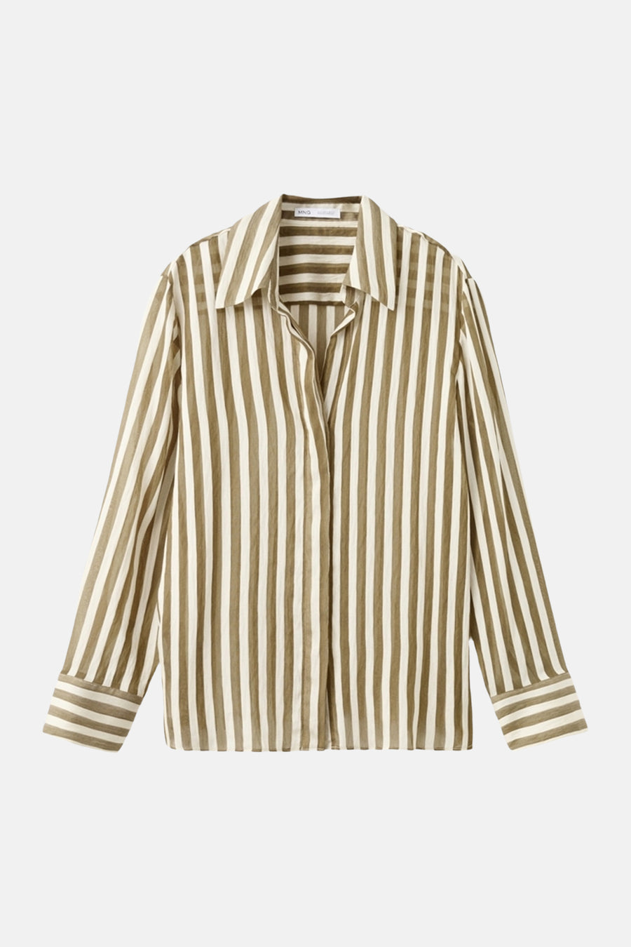 Chemise rayée blanche et marron de MANGO avec des rayures verticales, des manches longues et un col.