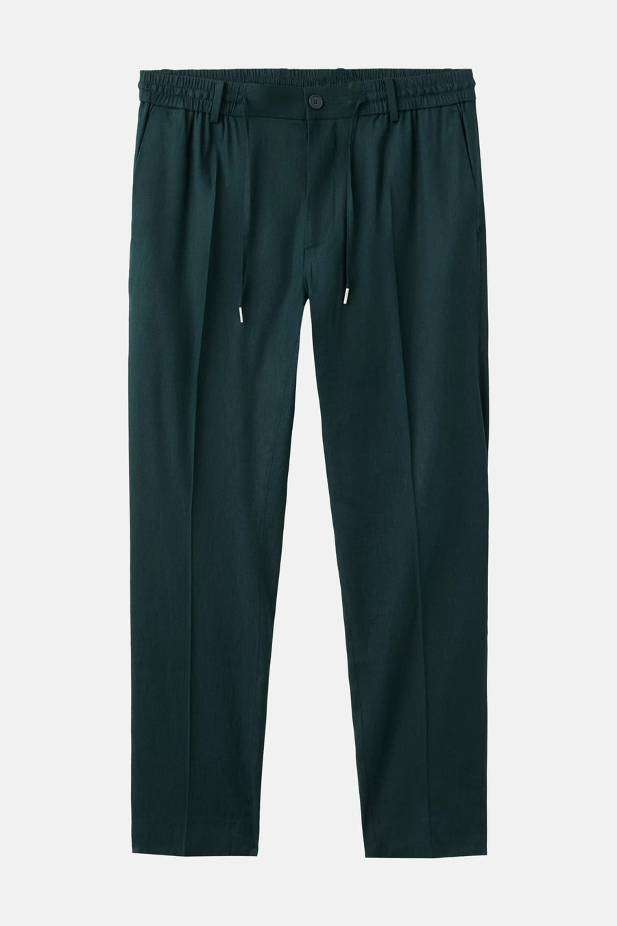 Pantalon vert MANGO avec taille élastique, cordon de serrage, bouton et plis.