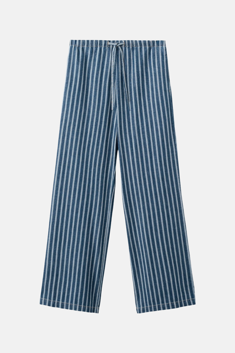 Pantalon à rayures bleu et blanc de MANGO, avec une ceinture et un cordon de serrage.