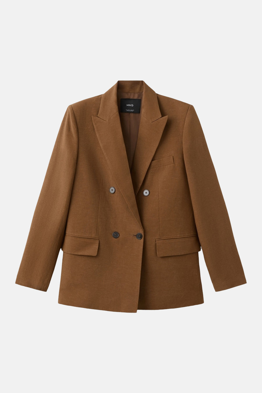 Bruine blazer van MANGO met dubbelrijige sluiting, punt revers, borstzak en klepzakken.
