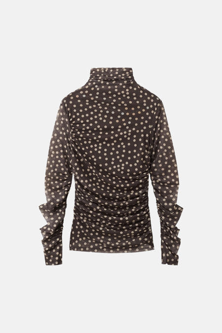 Bruin T-shirt met lange mouwen van MANGO, met een stippenpatroon en geplooid detail.