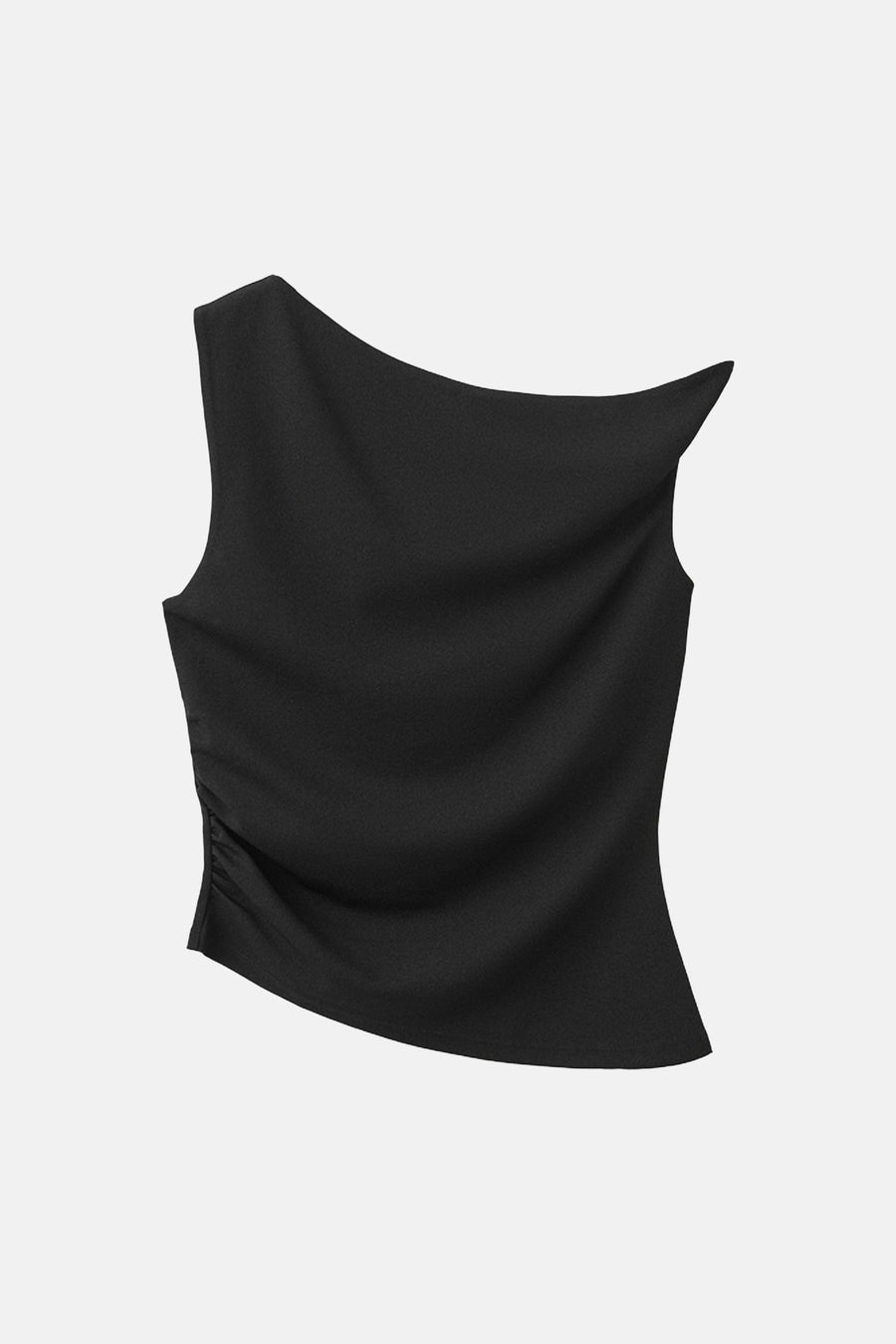 Haut sans manches noir de MANGO, avec détails drapés et encolure asymétrique.
