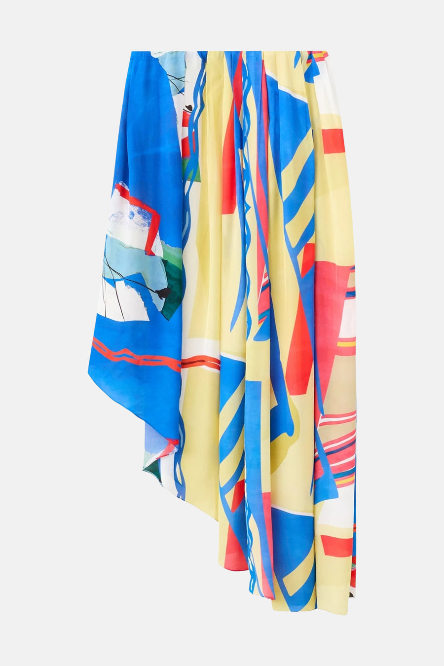 Multicolor lange rok van MANGO met abstract patroon van blauw, geel en rood, hangend.