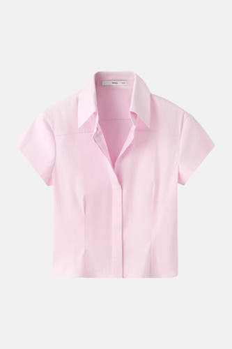 Roze korte mouwen overhemd van MANGO, klassieke snit met gestikt detail en knoopsluiting, front view