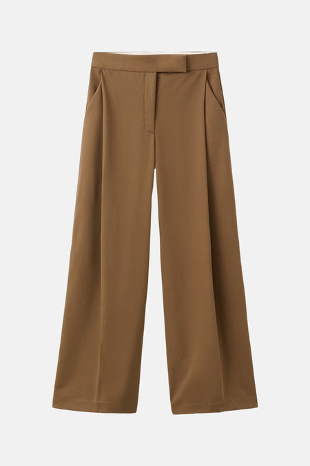 Kaki broek van MANGO, met wijde pijpen en zakken.