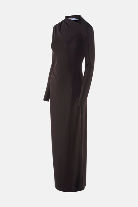 Elegante, lange, zwarte jurk met lange mouwen.