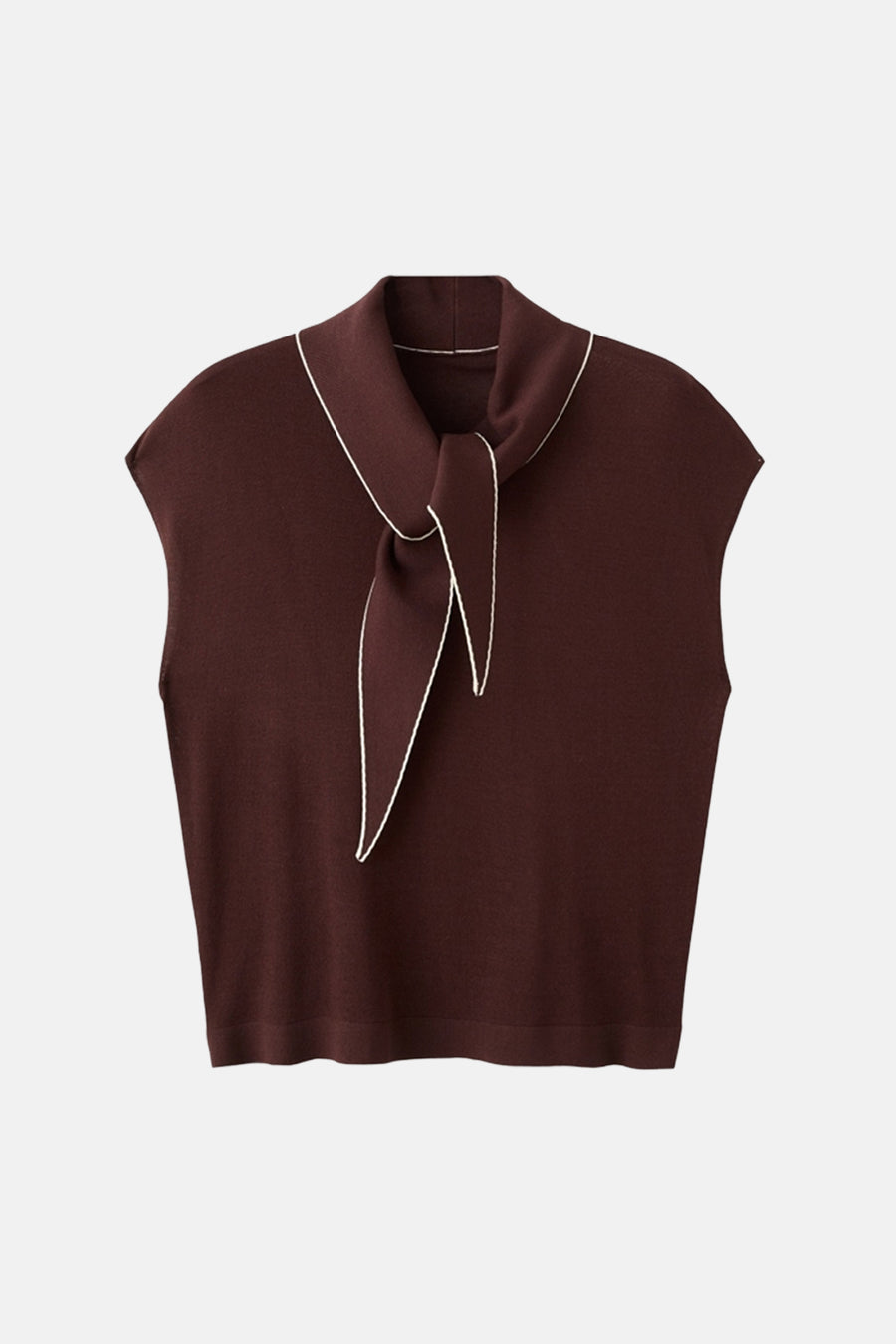 Chemisier marron sans manches de MANGO avec un col et un détail à nouer avec une bordure blanche.