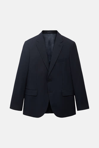 Blazer bleue de MANGO, à manches longues et col à revers, vue sur un fond neutre.