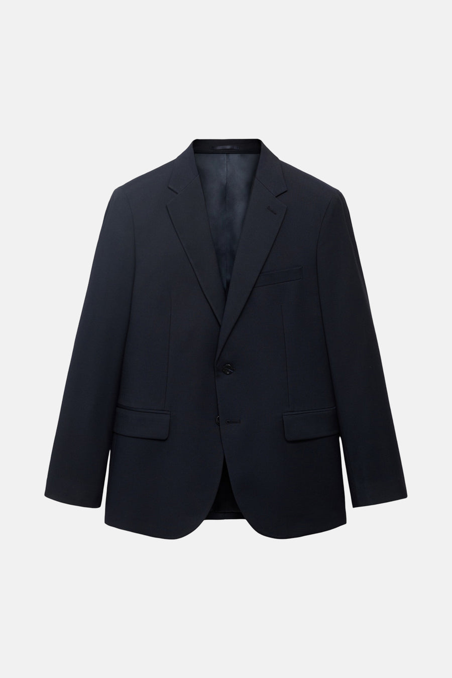 Blazer bleue de MANGO, à manches longues et col à revers, vue sur un fond neutre.