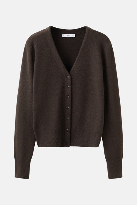 Bruin, gebreid vest met V-hals en knoopsluiting.