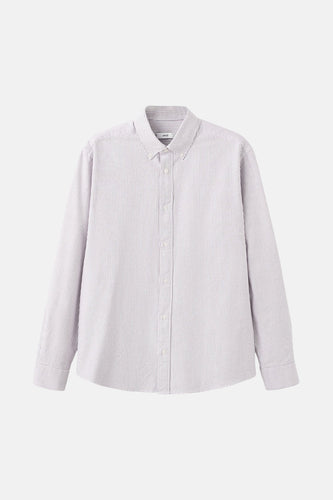 Gestreept wit-paars overhemd met lange mouwen.
