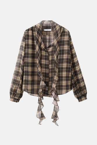 Blouse multicolore à longues manches de MANGO, avec un motif à carreaux et des plis devant.