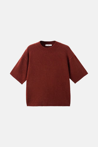 Sweat-shirt marron avec col rond de MANGO, à manches courtes et en coton lisse.