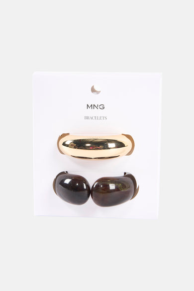 Bandeaux multicolores de MANGO, une bande dorée et deux bandes brunes sur un fond blanc.