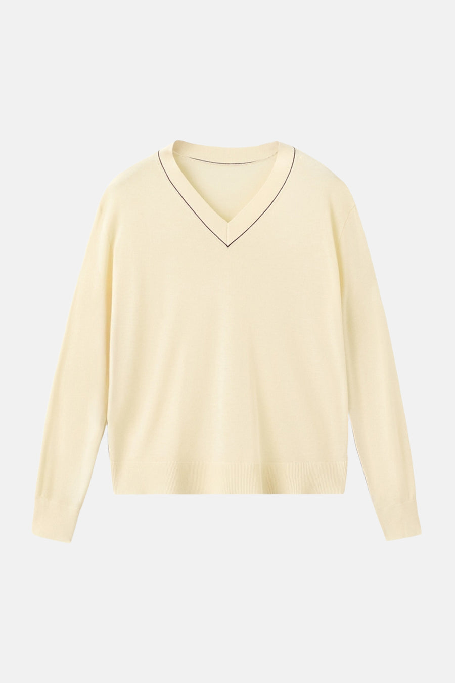 Pull jaune à col en V de MANGO, fini avec des lignes sombres le long de l'encolure.