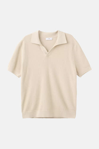 Beige korte mouwen polo van MANGO met ribbeltextuur en klassieke kraag, front view