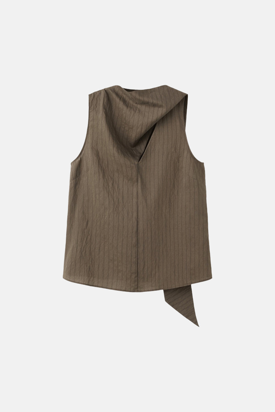 Chemisier marron sans manches de MANGO, avec une texture côtelée verticale et une ligne d'ourlet asymétrique.