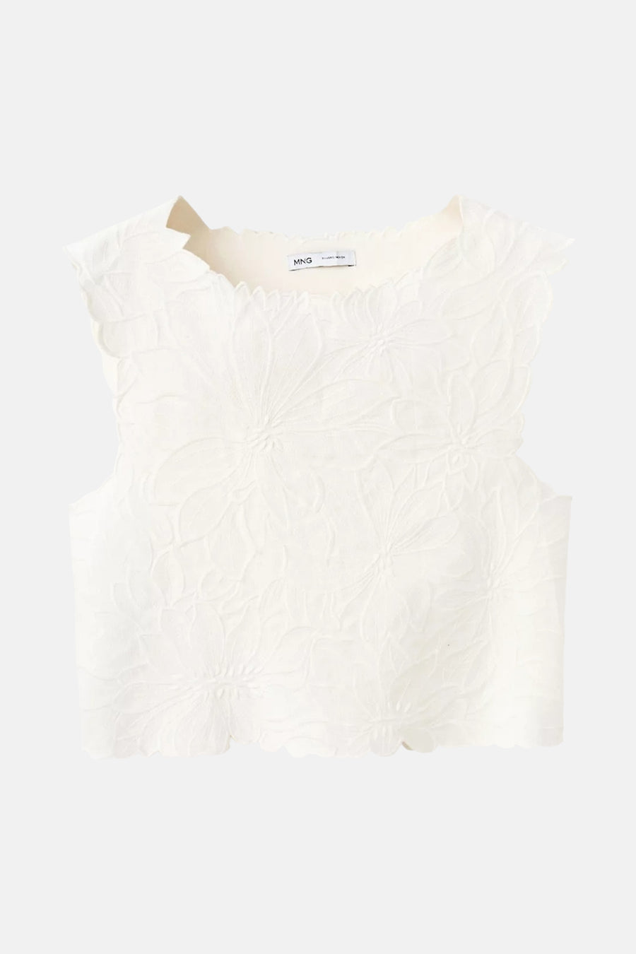 T-shirt sans manches blanc de MANGO avec bords festonnés et motif floral en relief.