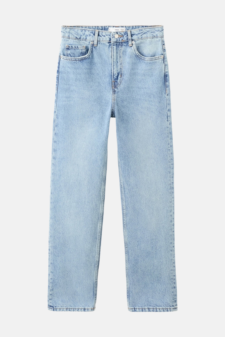 Jeans coupe droite en denim bleu clair de MANGO, avec une jambe droite et des poches classiques.