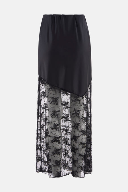 Zwarte, asymmetrische rok met kanten details.