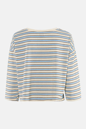 T-shirt à manches longues rayé bleu de Terra di Siena, avec un motif de rayures horizontales écru, bleues et marron foncé.