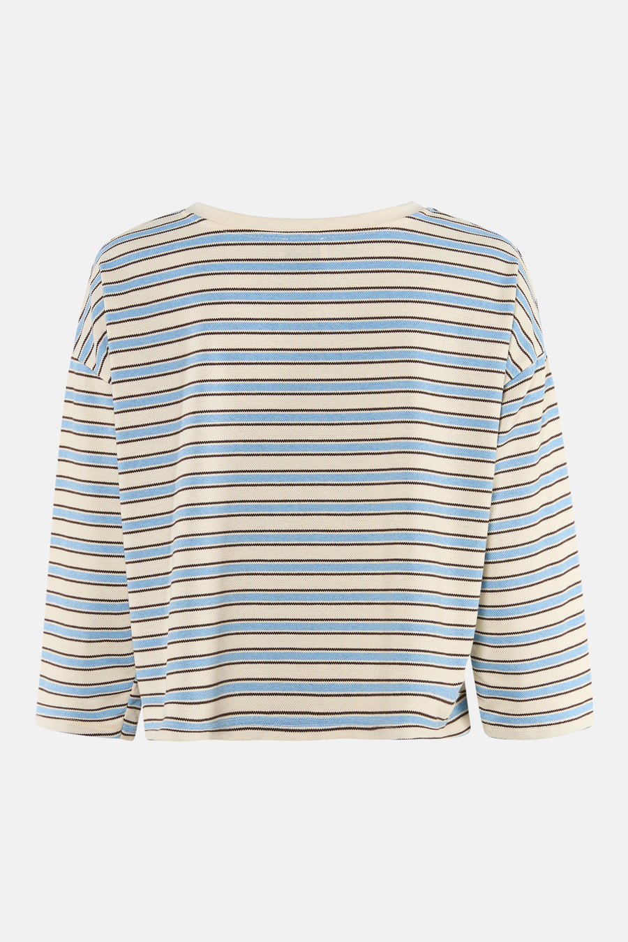T-shirt à manches longues rayé bleu de Terra di Siena, avec un motif de rayures horizontales écru, bleues et marron foncé.