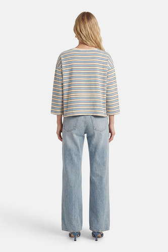 T-shirt bleu rayé (manches longues) de Terra di Siena, avec des accents beiges et une coupe droite, combiné avec un jean denim clair et des talons bleus.