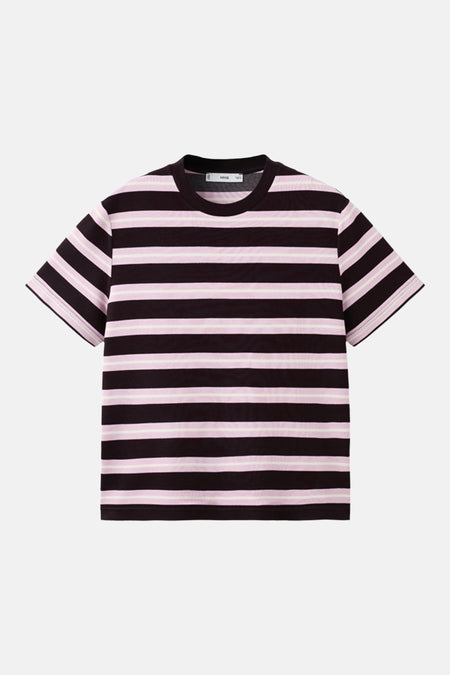 T-shirt multicolore à manches courtes de MANGO, avec des rayures horizontales roses et marron.