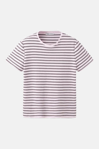 T-shirt à manches courtes rose de MANGO, avec un motif rayé marron et blanc.