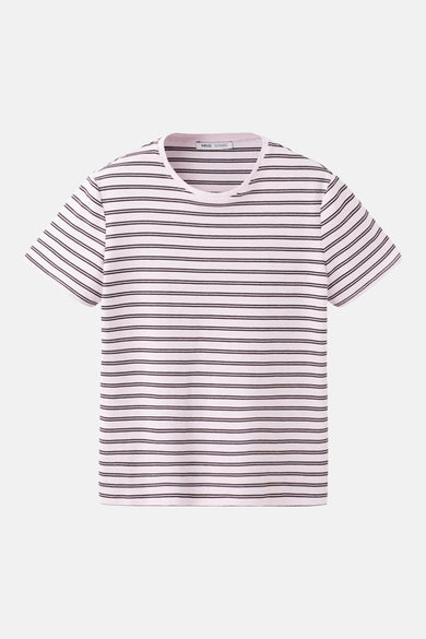T-shirt à manches courtes rose de MANGO, avec un motif rayé marron et blanc.