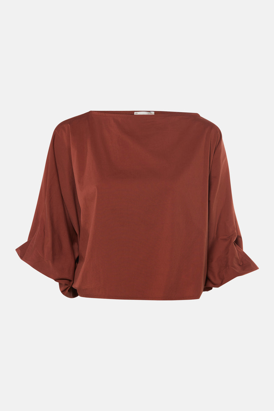 Oranje blouse met korte mouwen van Terra di Siena, fluwelen textuur, losse pasvorm, ruches aan mouwuiteinden, vooraanzicht