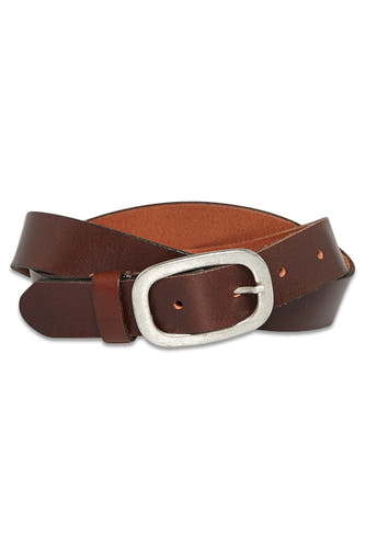 Ceinture de cuir brun Legend avec une boucle argentée.