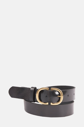 Ceinture noire de Legend avec une boucle dorée ovale.