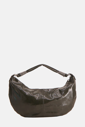 Kaki handtas van TOPSHOP, met zilveren ringdetail op de handvatten en een gladde, glanzende afwerking.