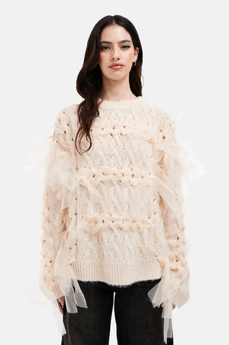 Tunique écru avec col rond de TOPSHOP, avec des détails en tulle sur les manches.